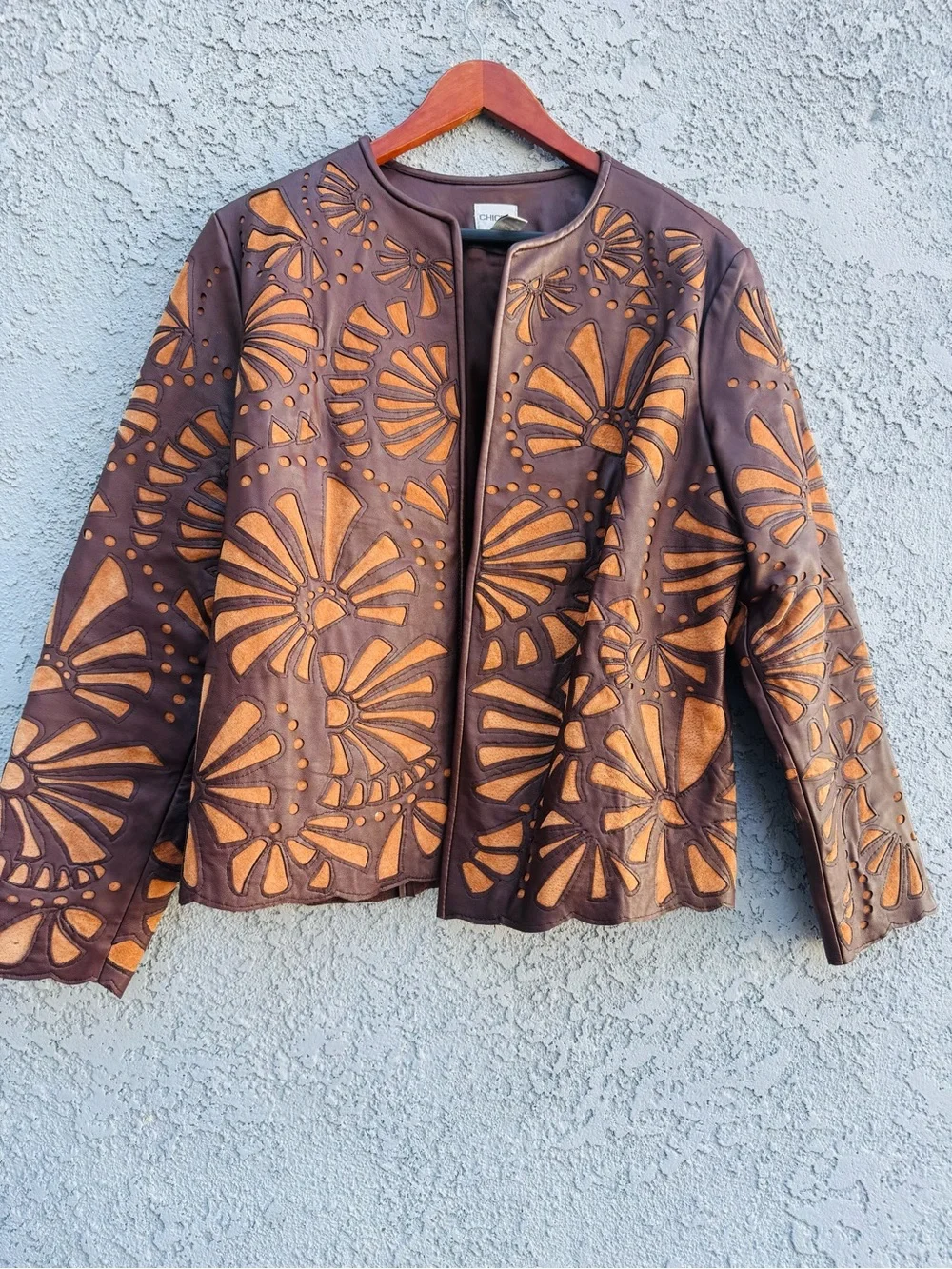 Vintage Chico's Genuine Leather Laser Cutout Jacket Brown - Size 2 (L) - Picture 11 of 11